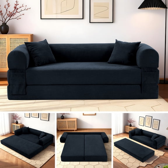 4-in-1 Folding Convertible Sofa Bed, 80 Inch Corduroy Upholstered Boneless Couch, Loveseat Sleeper with Pull Out Bed, Floor Sofa Modular Futon Teddy Sofa for Living Room Bedroom Lounge, Deep Blue