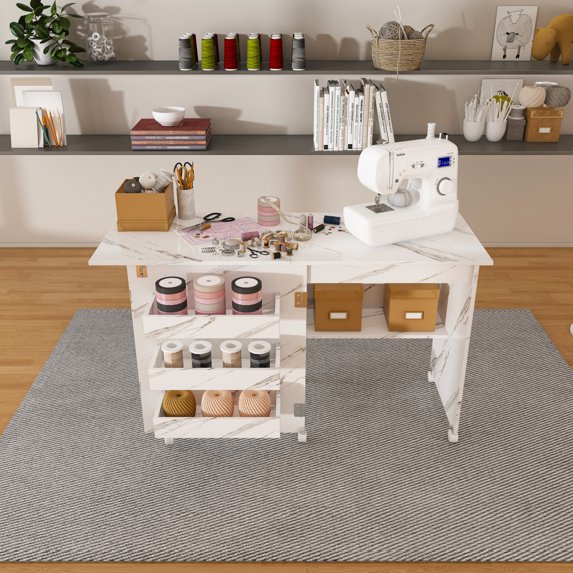 4-in-1 Folding Sewing Table with Lockable Wheels - Multi-Functional Craft Station, End Table, Computer Desk and Kitchen Storage with Shelves, White Rolling Sewing Machine Table for Small Spaces