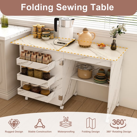 4-in-1 Folding Sewing Table with Locking Wheels, Multi-Functional Craft Desk & Storage Cabinet with Shelves, White Space-Saving Workstation for Apartments