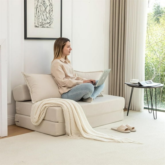 LEHZROAJ 4-in-1 Folding Sofa Bed , Convertible Sleeper Chair with Pillows, Fodable Mattress Floor Couch for Living Room, Bedroom, Beige