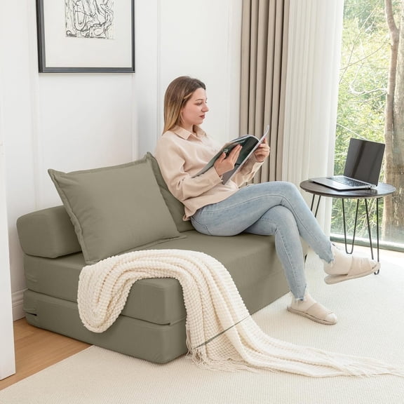 LEHZROAJ 4-in-1 Folding Sofa Bed , Convertible Sleeper Chair with Pillows, Fodable Mattress Floor Couch for Living Room, Bedroom, Green