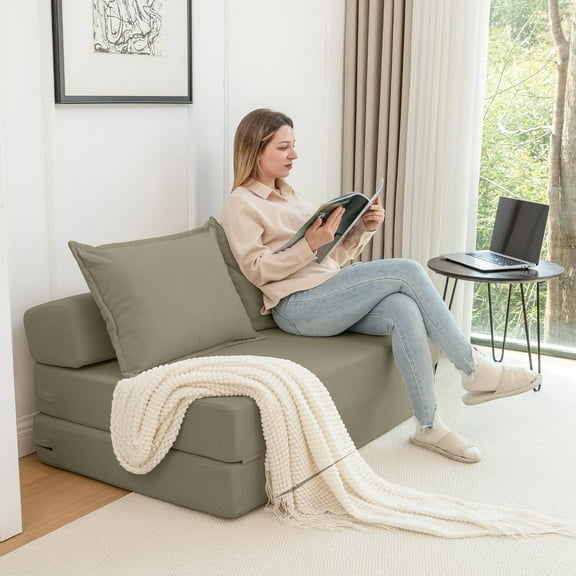 LEHZROAJ 4-in-1 Folding Sofa Bed , Convertible Sleeper Chair with Pillows, Fodable Mattress Floor Couch for Living Room, Bedroom, Green