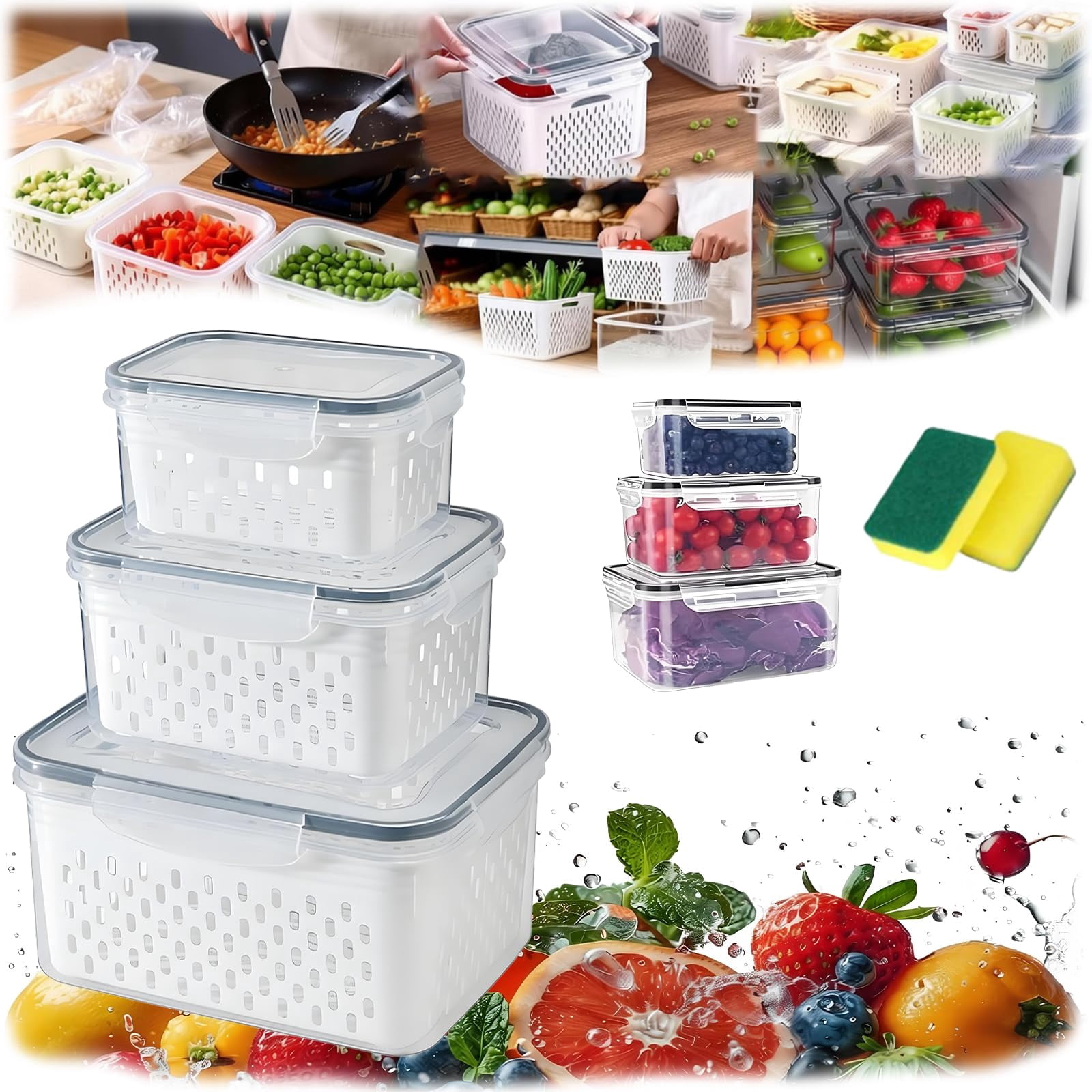 4 in 1 Food Storage Container Fruit Storage Containers Produce Storage  with Lid and Strainer For Vegetable and Berry, Kitchen Organizer