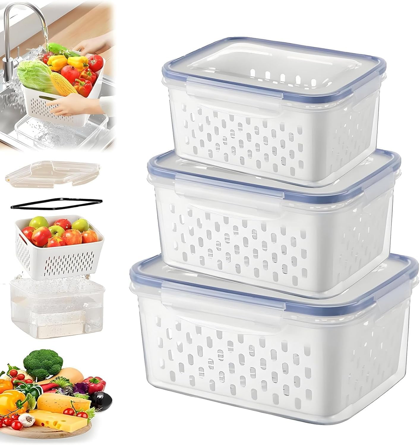 4-in-1 Food Storage Container, Multifunctional Plastic Produce Saver Bins with Removable Colander Vegetable Containers for Fridge