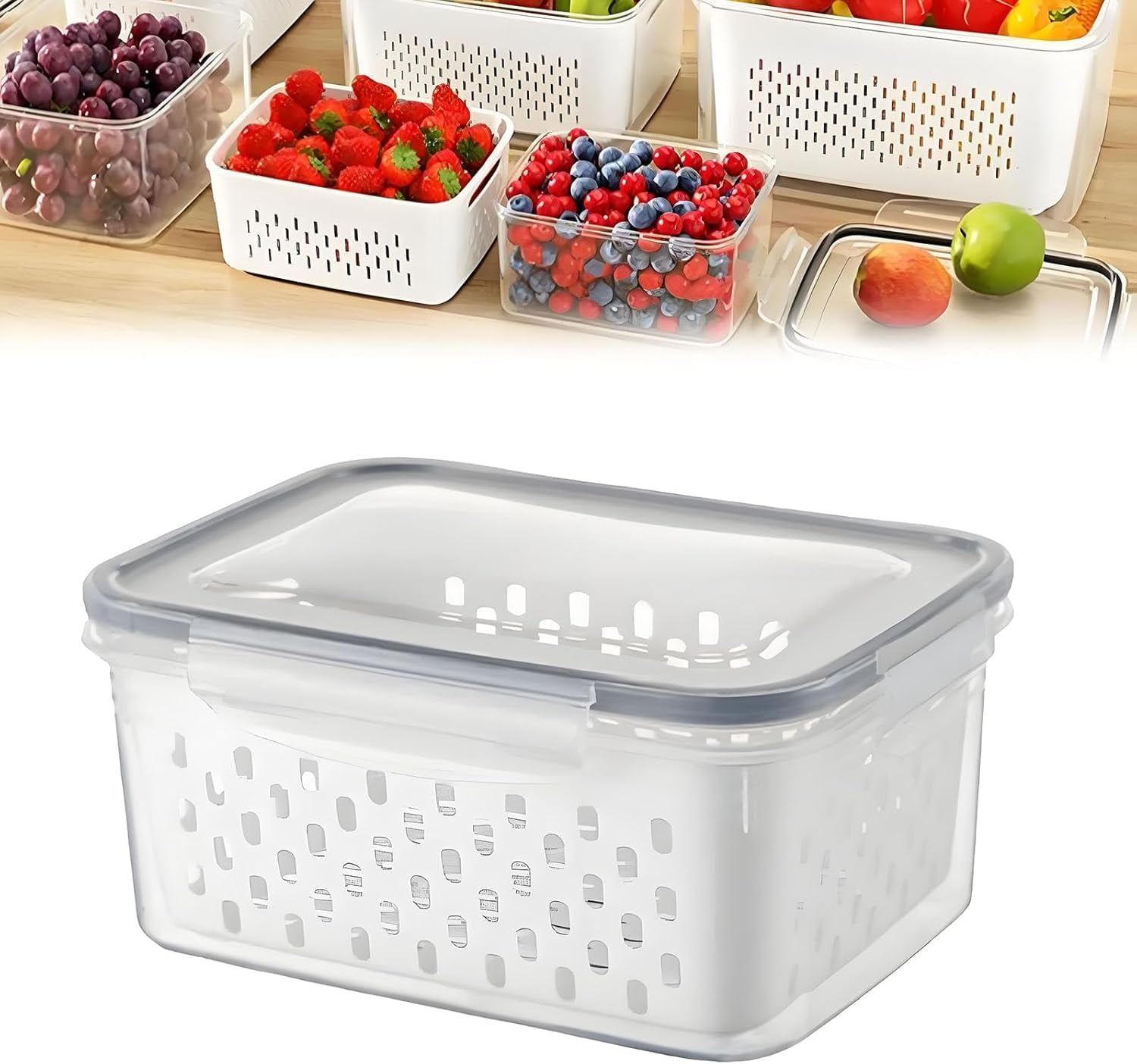 4-in-1 Food Storage Container, Multifunctional Plastic Produce Saver Bins with Removable Colander Vegetable Containers for Fridge