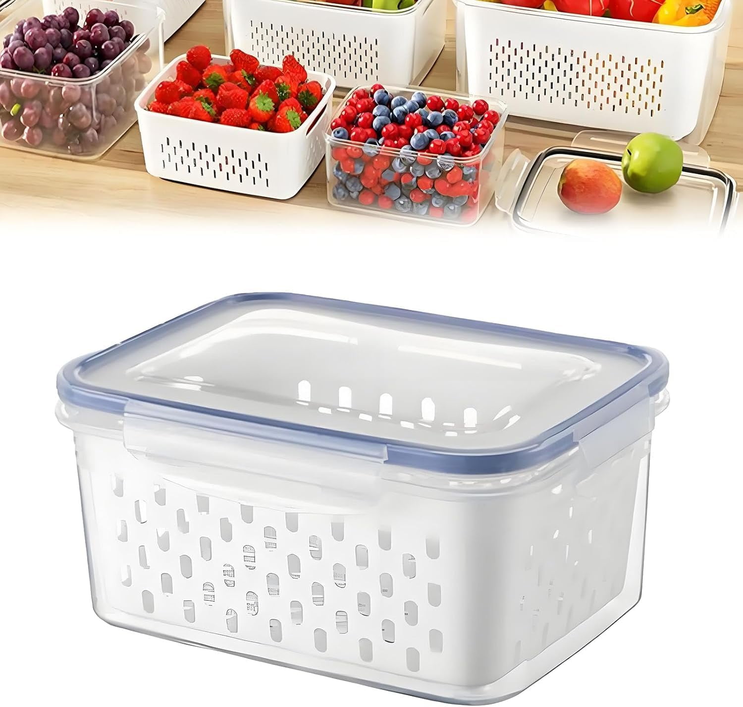 4-in-1 Food Storage Container, Multifunctional Plastic Produce Saver Bins with Removable Colander Vegetable Containers for Fridge