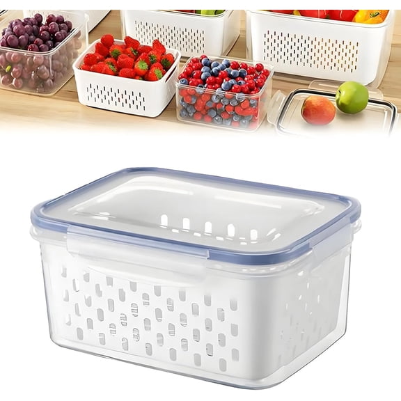 4-in-1 Food Storage Container, Multifunctional Plastic Produce Saver Bins with Removable Colander Vegetable Containers for Fridge