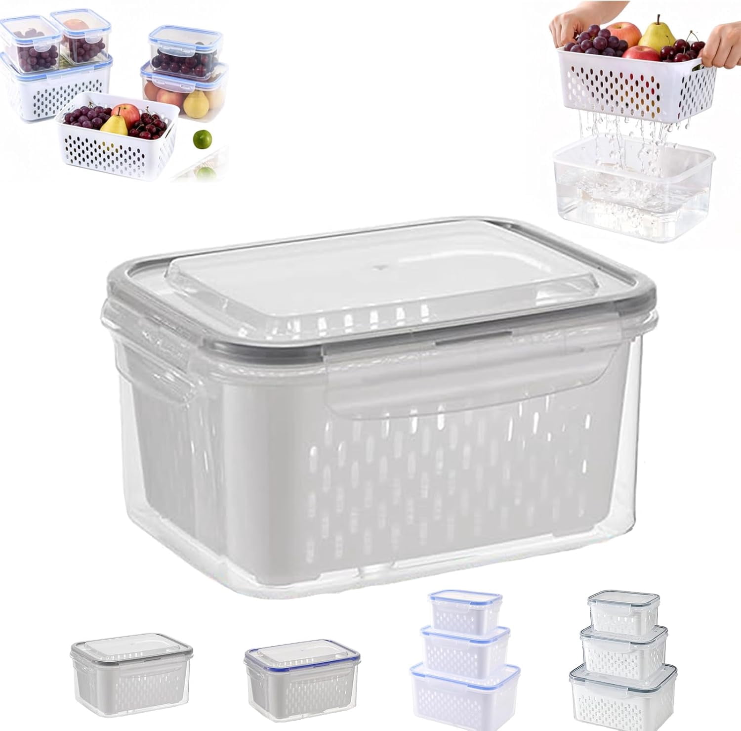4 in 1 Food Storage Container,Produce Keeper Containers for Fridge-Including Drain Basket,Multifunctional Airtight Container
