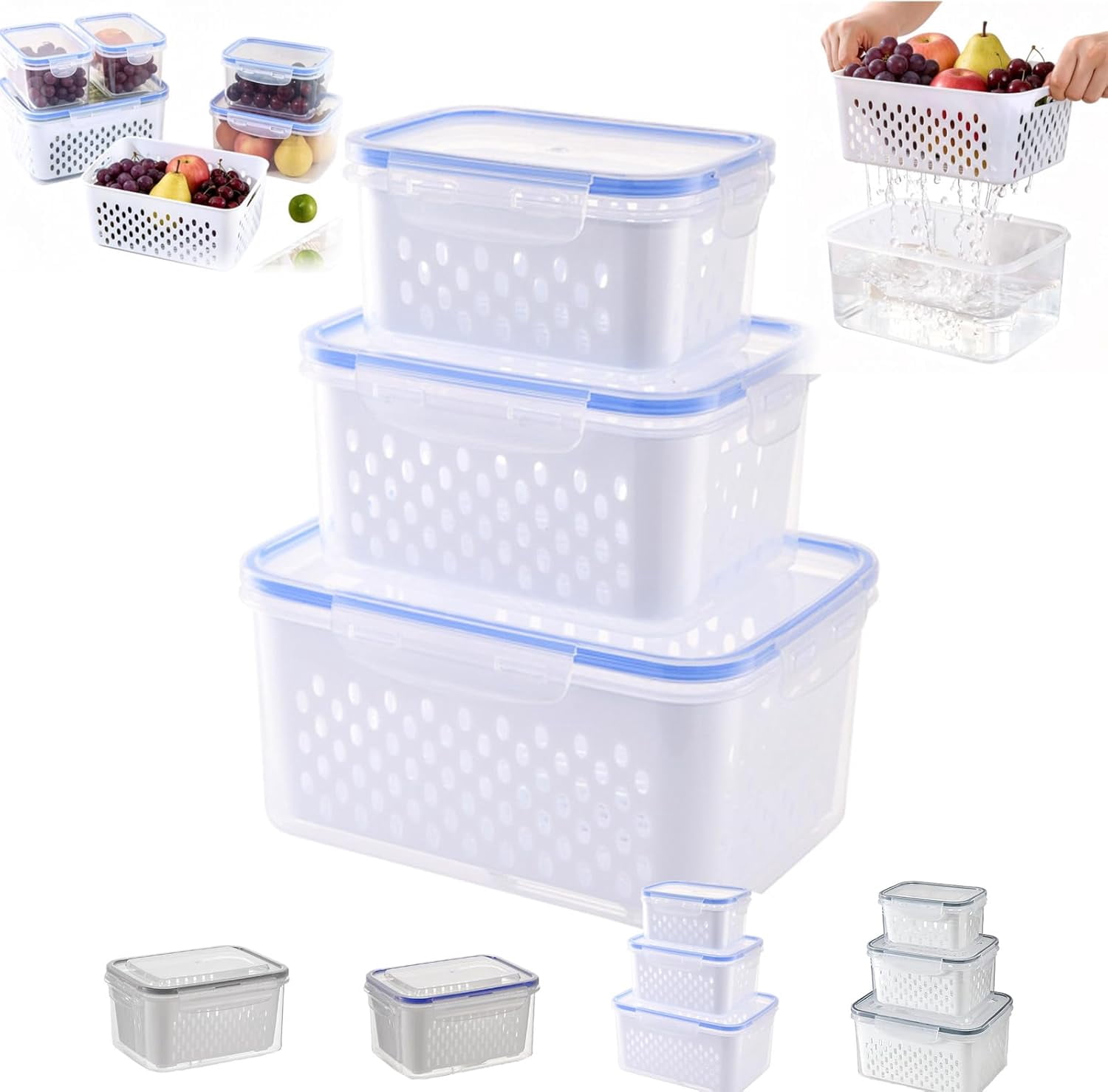 4 in 1 Food Storage Container,Produce Keeper Containers for Fridge-Including Drain Basket,Multifunctional Airtight Container