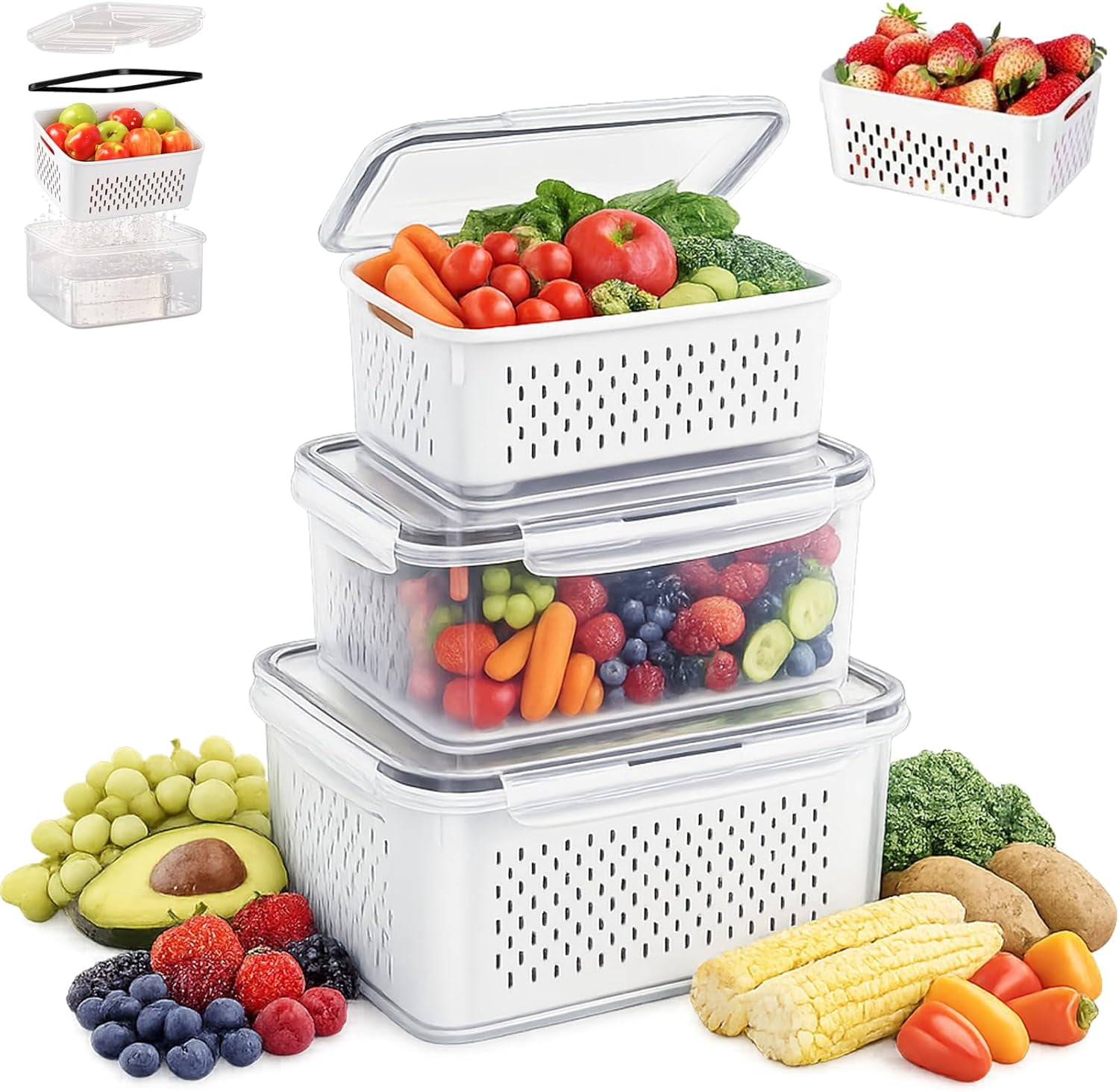 4 in 1 Food Storage Container for Fridge with Removable Colander,Household Plastic Food Storage Box,Airtight Produce Saver for Fruit,Vegetables