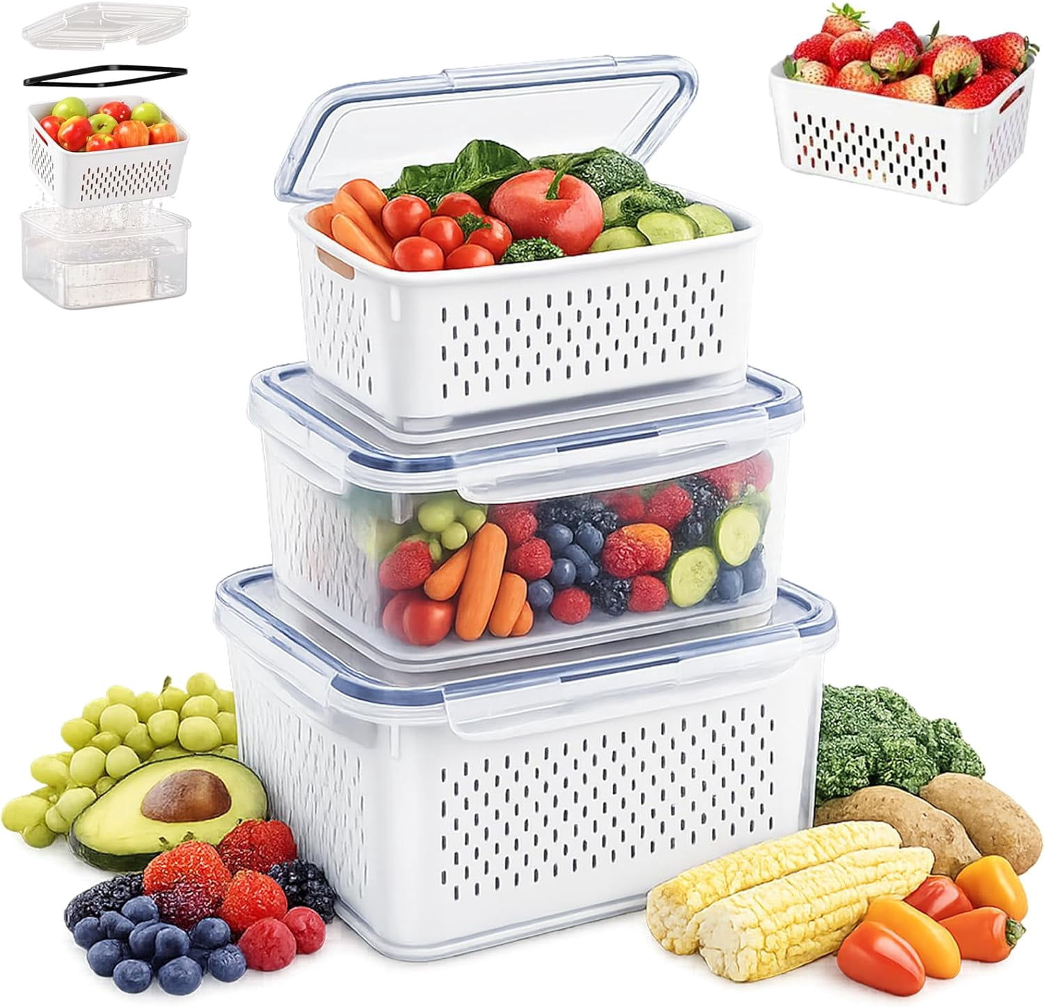 4 in 1 Food Storage Container for Fridge with Removable Colander,Household Plastic Food Storage Box,Airtight Produce Saver for Fruit,Vegetables