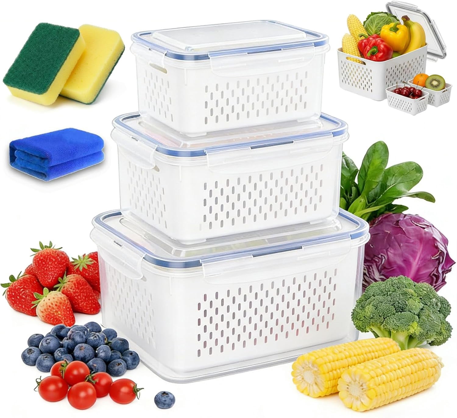 4-in-1 Food Storage Containers for Fridge with Removable Colanders, Transparent Plastic Produce Keeper with Drain Basket, Stackable Vegetable Fruit Containers