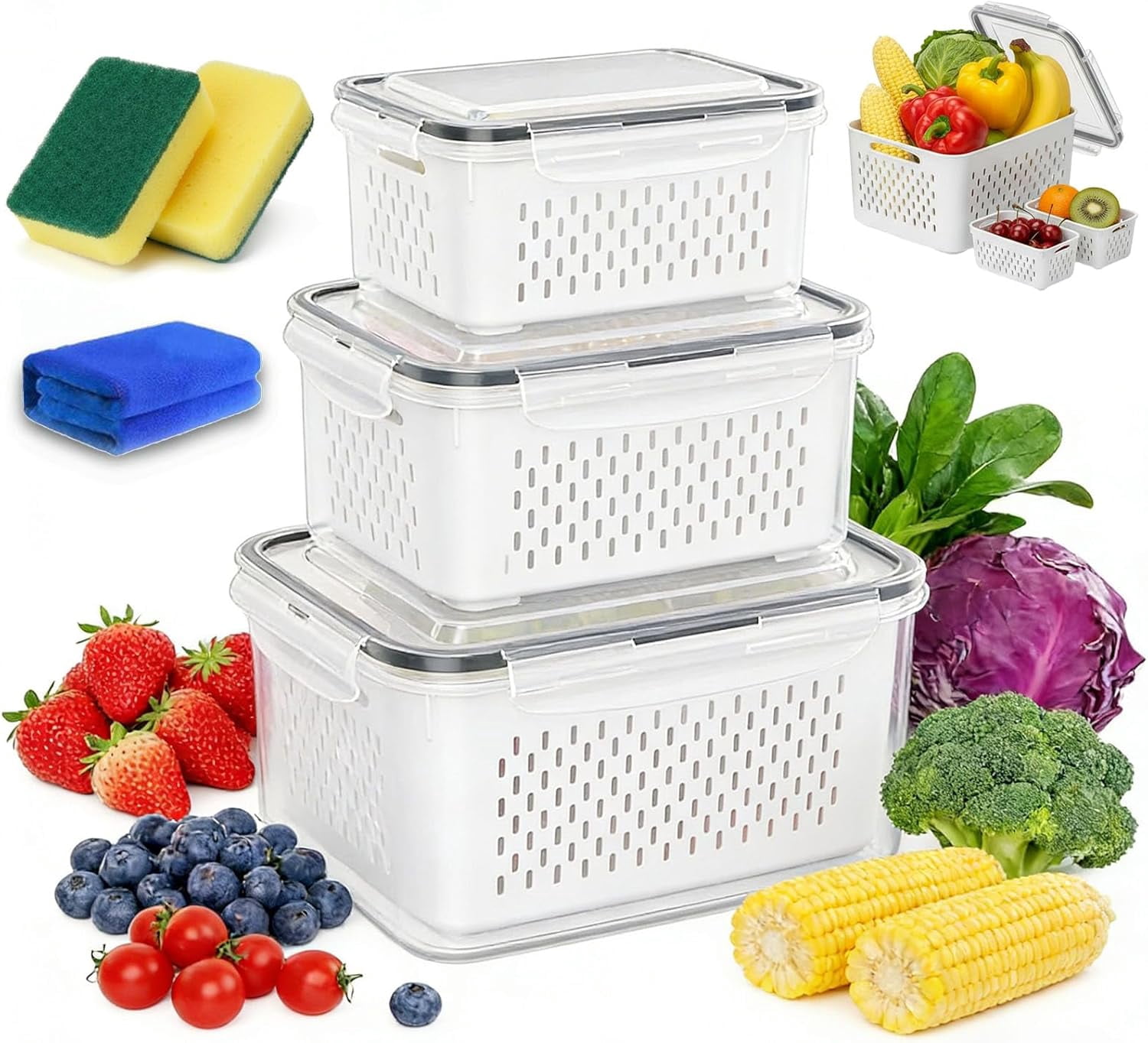 4-in-1 Food Storage Containers for Fridge with Removable Colanders, Transparent Plastic Produce Keeper with Drain Basket, Stackable Vegetable Fruit Containers