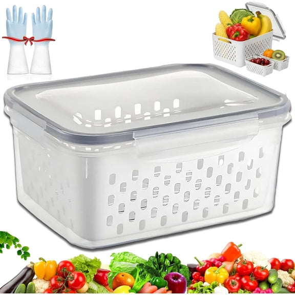 4-in-1 Fruit Storage Containers for Fridge, Transparent Plastic Food Box with Removable Drain Basket, Airtight Produce Keeper for Vegetables & Berries