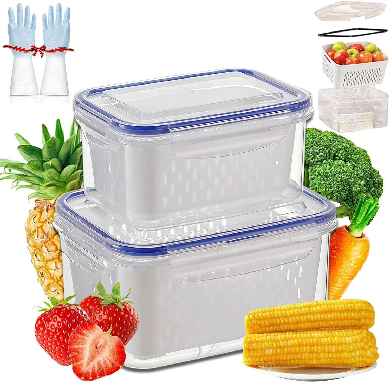 4-in-1 Fruit Storage Containers for Fridge, Transparent Plastic Food Box with Removable Drain Basket, Airtight Produce Keeper for Vegetables & Berries