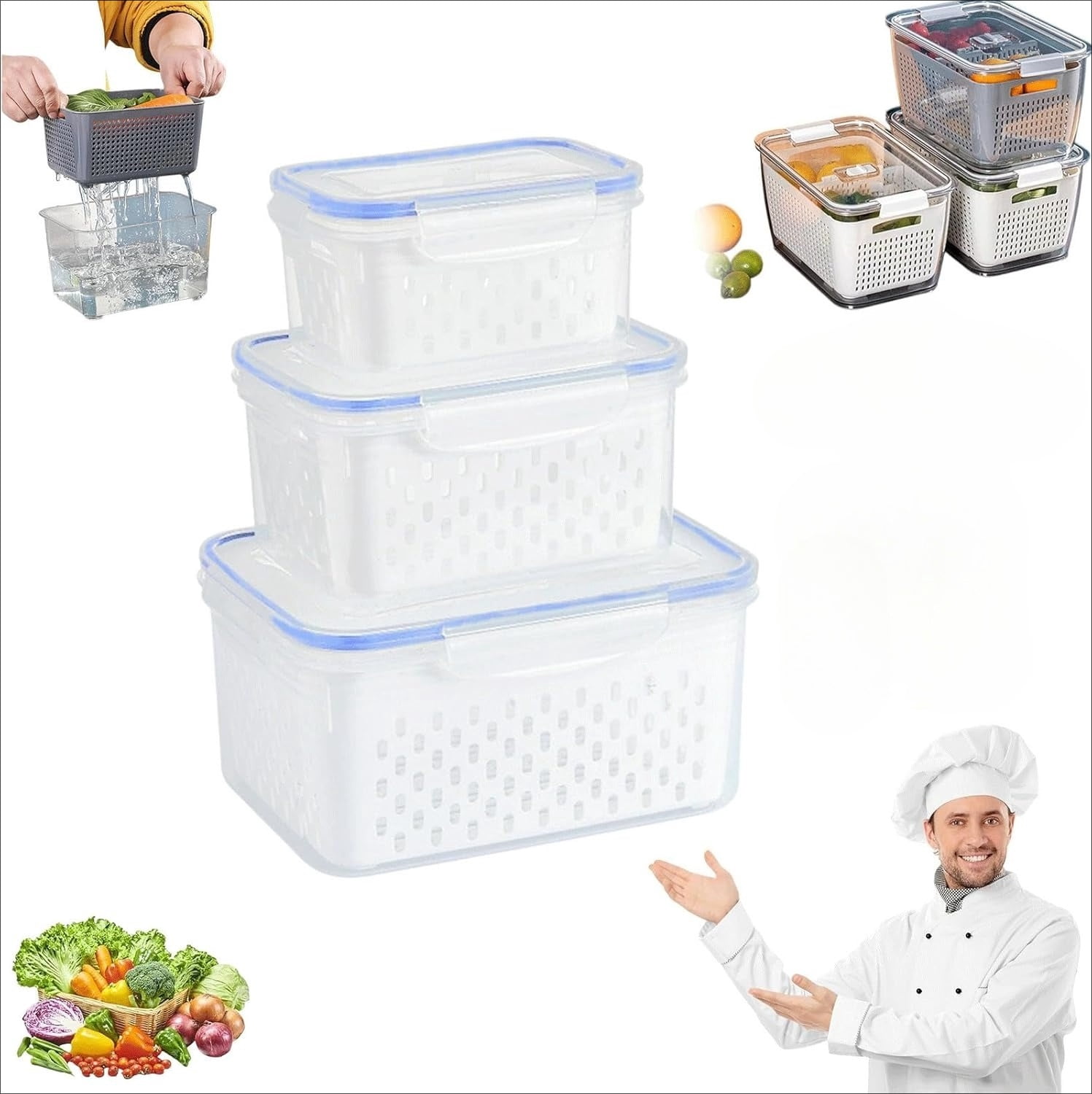 4-in-1 Fruit Storage Containers for Fridge, Transparent Plastic Food Box with Removable Colander & Airtraid Seal, Stackable Produce Saver