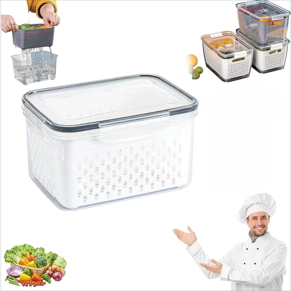 4-in-1 Fruit Storage Containers for Fridge, Transparent Plastic Food Box with Removable Colander & Airtraid Seal, Stackable Produce Saver