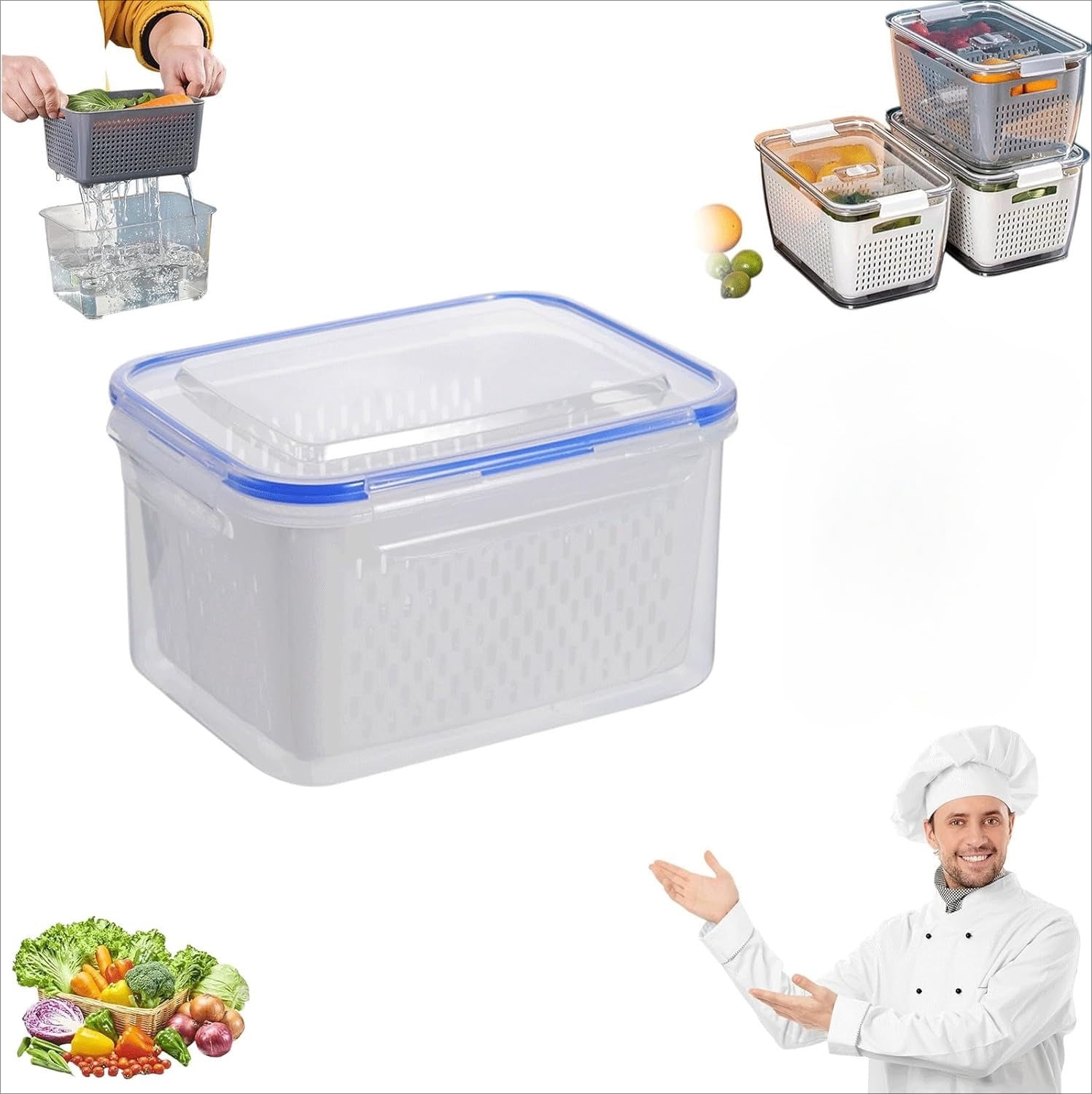 4-in-1 Fruit Storage Containers for Fridge, Transparent Plastic Food Box with Removable Colander & Airtraid Seal, Stackable Produce Saver