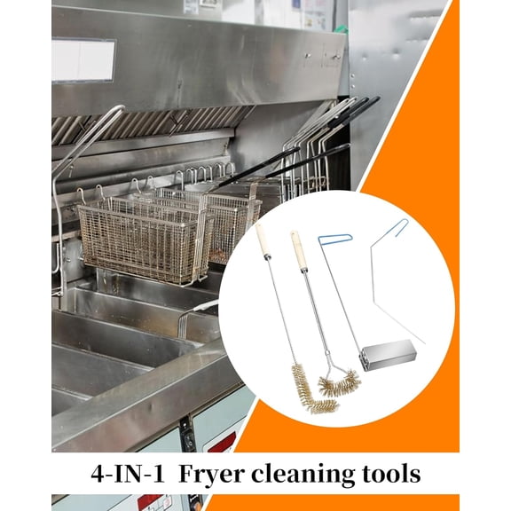 4-in-1 Fryer Cleaning Tools Kit - L Shaped Brush, Crumb Scoop, Long Handle Brush, Cleanout Rod for Commercial & Home Use