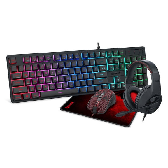 4-in-1 Gaming Keyboard & Mouse Combo & Headset, Wired Gaming Keyboard and Mouse Headset Set,104 Keys,Rainbow LED Backlit Keyboard 3200DPI Mouse,compatible with PC/Windows/PS5/PS4 ,Black