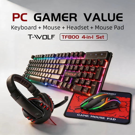 4-in-1 Gaming Starter Kit with Rainbow Backlit Keyboard, Wired Gaming Mouse, Stereo Headset with Mic and Mouse Pad, Complete Gaming Setup, Gift-Ready Box for Students and Beginners