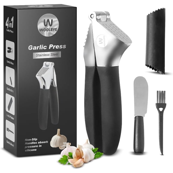 4-in-1 Garlic Press Set - Stainless Steel Garlic Press, Garlic Press, Chopper, Grinder, Grater, Mincer with Peeler, Silicone Tube Roller, Brush and Knife - The Essential Garlic Mincing Kit