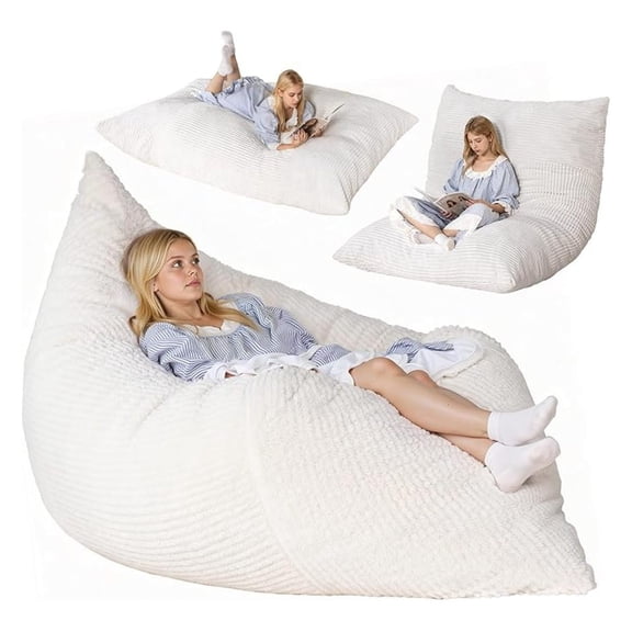 4-in-1 Giant Bean Bag Chair for Adults, 6.4 FT Memory Foam Filled Beanbag Chair, Floor Sofa Bed with Fluffy Washable Flannel Cover, Lounge Couch for Bedroom, Living Room (White)
