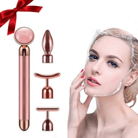 4-in-1 Golden Facial Roller Massager Set, Curved Flat T Shape, for Face Arm Eye Nose Skin Care, Battery Powered, Ideal Gift for Women