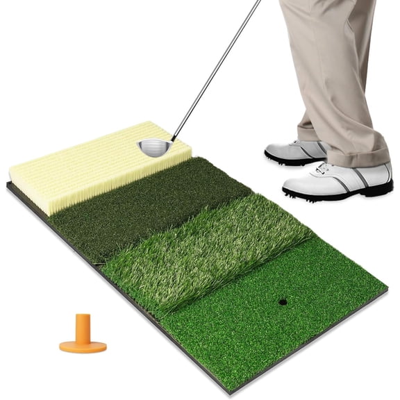 4-in-1 Golf Hitting Mat, Turf Golf Hitting Mat for Putting, Driving & Chipping, Indoor/Outdoor Portable Golf Practice Mat with Realistic Grass/Sand Surface and Tees