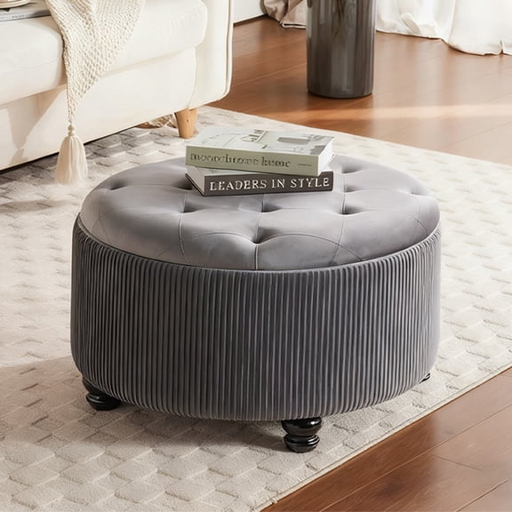 4-in-1 Gray Storage Ottoman with Hidden Compartment, No Assembly Required. 29-Inch Multifunctional Footrest, Coffee Table & Seat, Holds 300lbs, 26 Gallon Capacity.