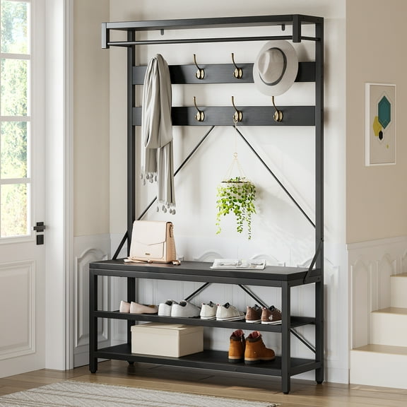 4-in-1 Hall Tree with Bench and Shoe Storage, 40" Coat Rack Shoe Bench Entryway Bench with Coat Rack, Freestanding, Accent Wood Look Large Shoe Rack Bench with Storage Shelf and 8 Hooks