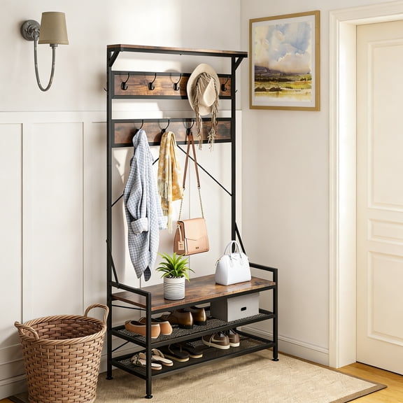 4-in-1 Hall Tree with Bench and Shoe Storage, 72.5" Freestanding Coat Rack with Shoe Bench, 11 Hanging Hooks, Anti-Tipping Kit, Industrial Mudroom Storage Organizer for Entryway, Hallway