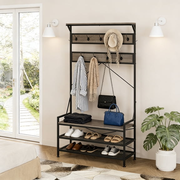 4-in-1 Hall Tree with Bench and Shoe Storage, 72.5" Freestanding Coat Rack with Shoe Bench, 11 Hanging Hooks, Anti-Tipping Kit, Metal Mudroom Storage Organizer for Entryway, Hallway, Grey