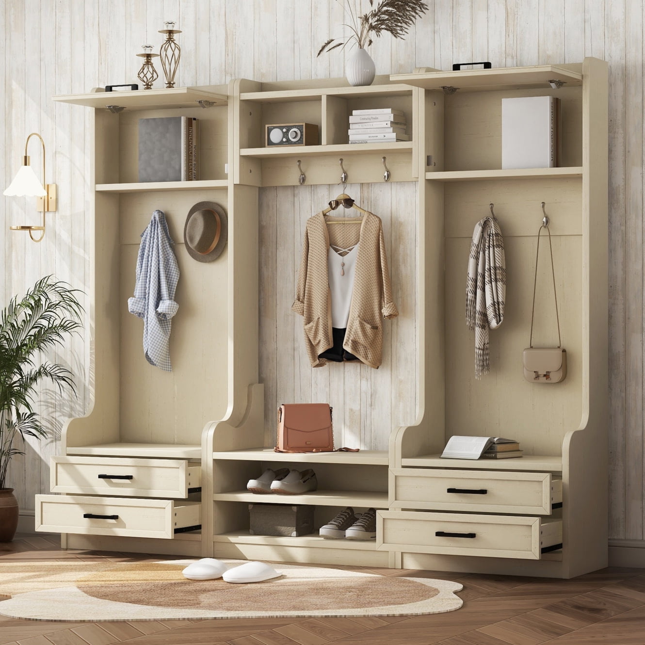 EUROCO 86.2 78.7 Wider Entryway Hall Tree with Storage Practical Coat Rack Multi functional Entryway Bench with 10 Metal Hooks Shoe Cubbies Free Combined cabinet for Hallway White Walmart