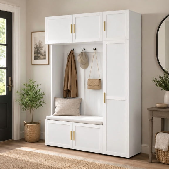 4-in-1 Hall Tree with Padded Bench and Storage Cabinets, Entryway Coat Rack with 4 Hooks and Multi-Tier Storage Shelves, Mudroom Bench Shoe Organizer for Living Room Hallway