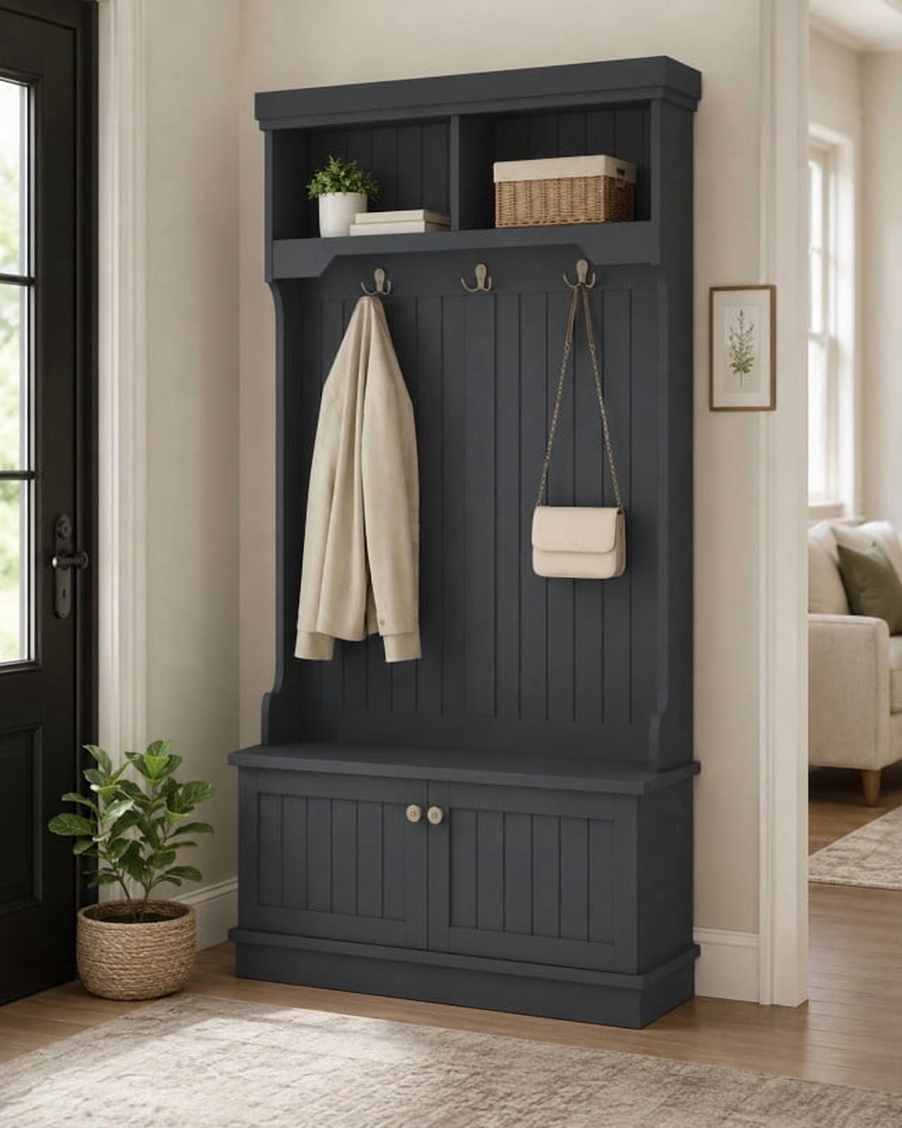 4-in-1 Hall Tree with Storage Bench, Entryway Coat Rack with Hooks, Shoe Storage Cabinet and Display Shelves, Modern Mudroom Organizer for Living Room, Hallway