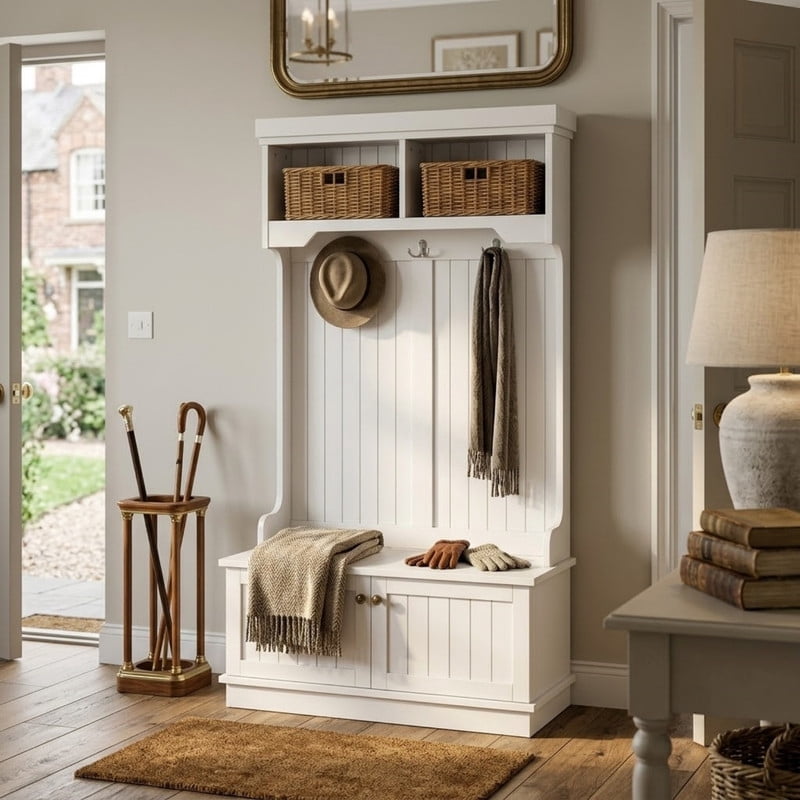 4-in-1 Hall Tree with Storage Bench, Entryway Coat Rack with Hooks, Shoe Storage Cabinet and Display Shelves, Modern Mudroom Organizer for Living Room, Hallway