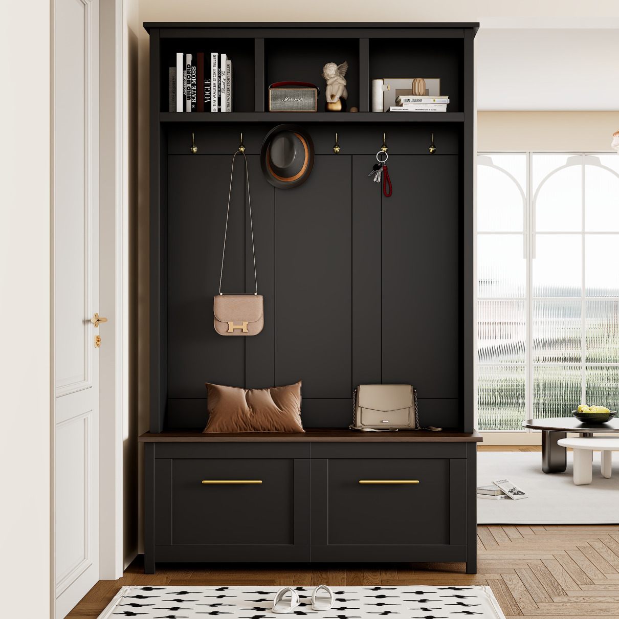 Black Hall Tree With Wood Grain Bench - 4-in-1 Entryway Organizer With 2 Drawers & 6 Hooks