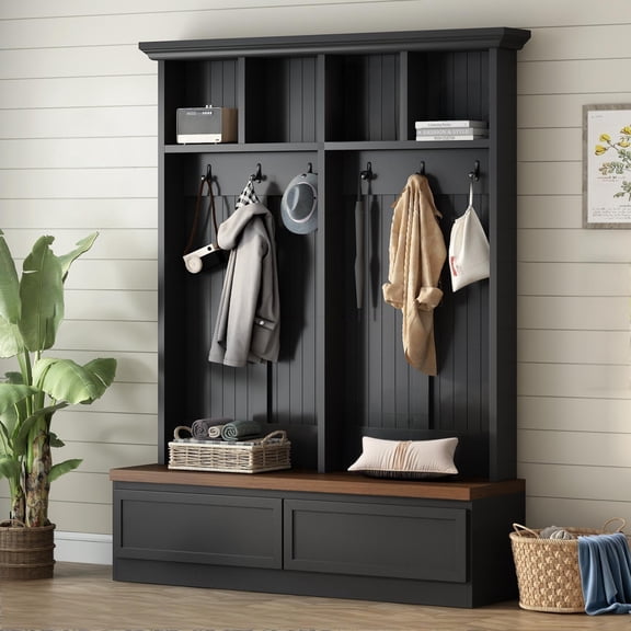 4-in-1 Hall Tree with Wood Grain Bench, Mudroom Versatile Coat Rack with 6 Hooks & 2 Large Drawer, Farmhouse Entrance Organizer for Living Room, Hallway, Black