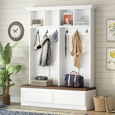 4-in-1 Hall Tree with Bench and Drawers, 56'' Wide Entryway Bench with Coat Rack, 6 Black Hooks and Open Shelves for Hallway, Living Room, White