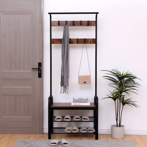 4-in-1 Hall Tree with Shoe Bench, Coat Rack with 9 Removable Hooks and a Hanging Rod, Shoe Storsge Bench for Entryway, Rustic Brown and Black