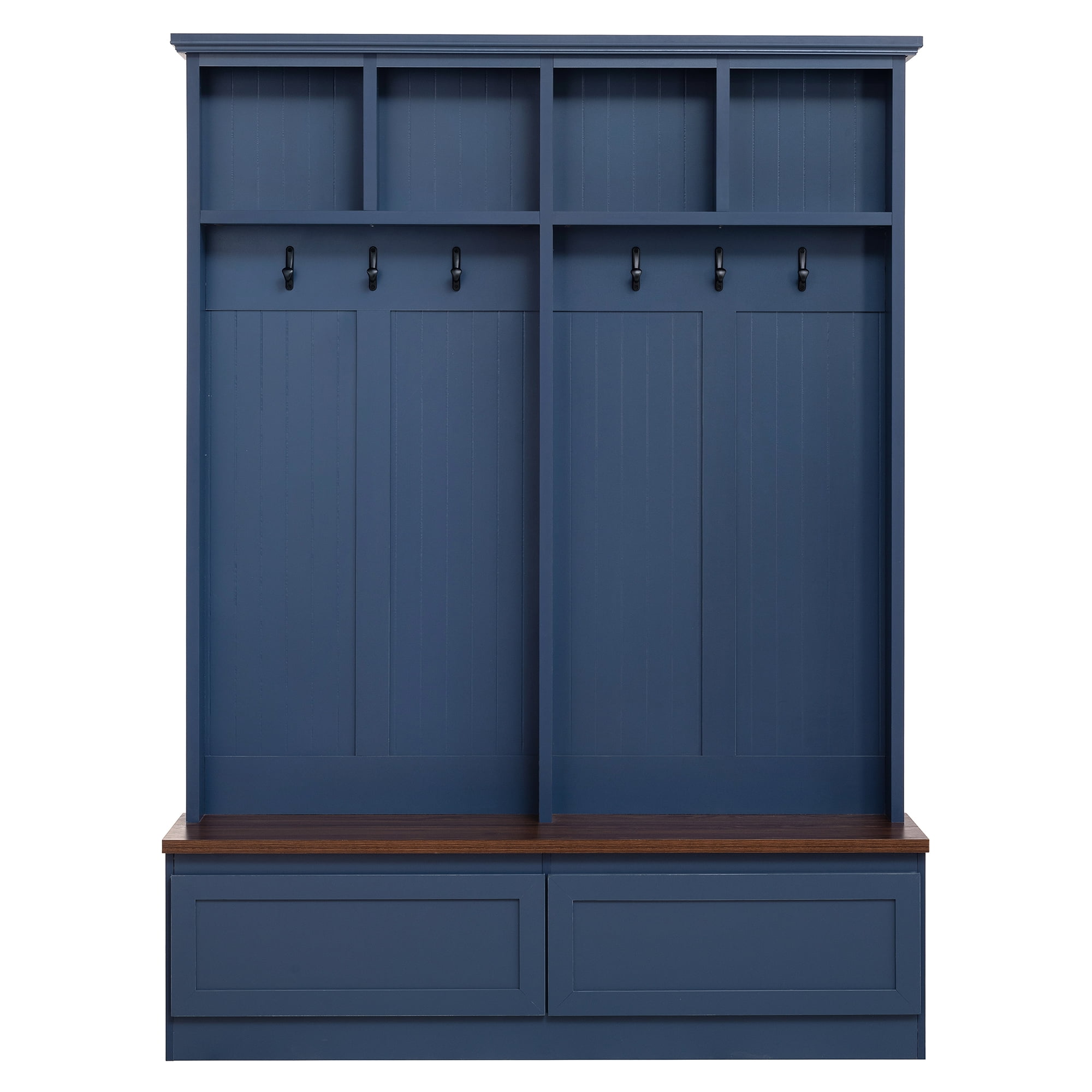 4 in 1 Hall Tree with Wood Grain Bench, Mudroom Versatile Coat Rack with 2 Large Drawer, Entrance Organizer for Hallway, Living Room, Blue, 55.9"W