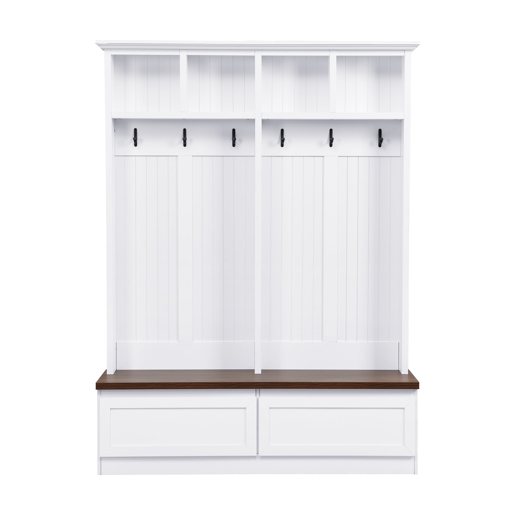 4 in 1 Hall Tree with Wood Grain Bench, Mudroom Versatile Coat Rack with 2 Large Drawer, Entrance Organizer for Hallway, Living Room, White, 55.9"W