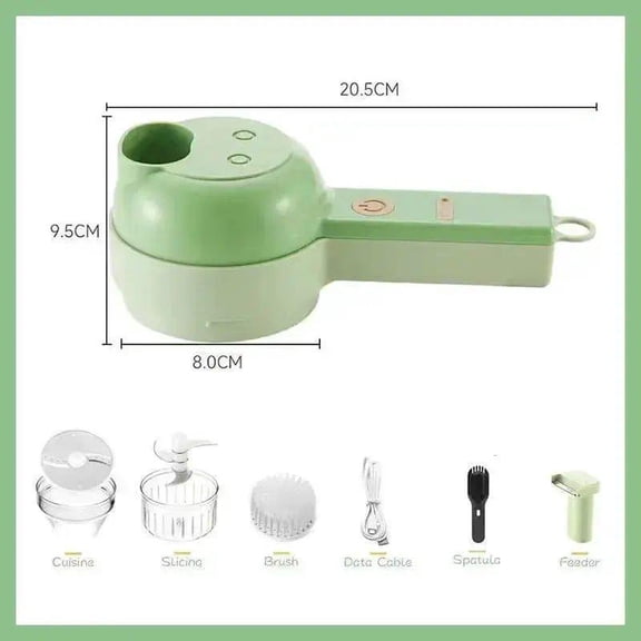4-in-1 Handheld Electric Vegetable Cutter Set  Wireless Food Processor with Chopper, Slicer, Garlic Press & Masher  Portable Kitchen Tool with Cleaning Brush