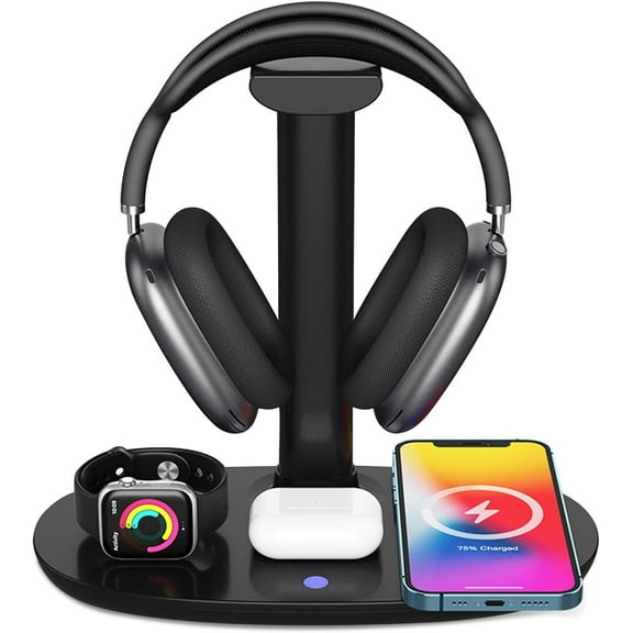 4 in 1 Headphone Stand with 15w Charger, Qi Charging Station Headset Holder, Detachable Design, Headphone Stand for Travel, Home, Hotel