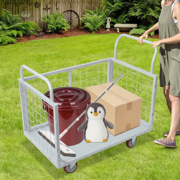 4-in-1 Heavy Duty Platform Truck Cart with Cage, Multi-Purpose Push Cart for Warehouses, Supermarkets