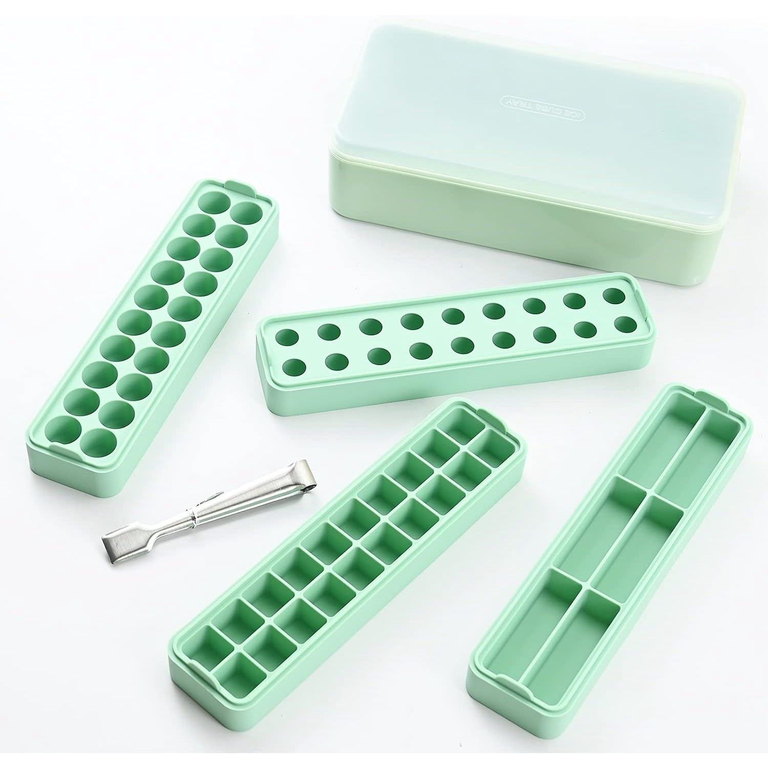 4-in-1 Ice Cube Tray Set, with Lid and Ice Clip, Food Grade Silicone Ice Cube Trays for Whiskey, Beer, Beverage, Simple to Use, Easy to Clean