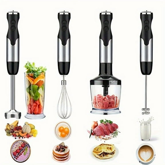 4-in-1 Immersion Blender 12 Speed Hand Blender +4 Blade System for Smoothies, Baby Food, Soups & Purees (Black)