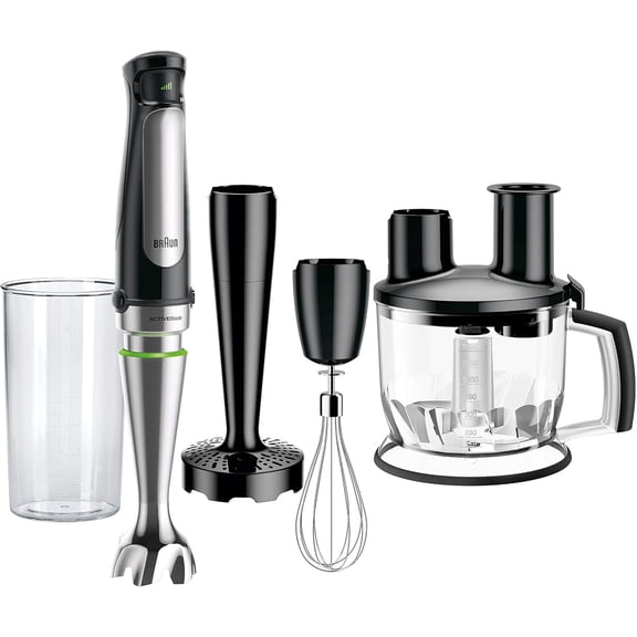 4-in-1 Immersion Hand Blender, Powerful 500W Stainless Steel Stick Blender, Variable Speed + 6-Cup Food Processor, Whisk, Beaker, Masher, Finer Blending, MultiQuick MQ7077