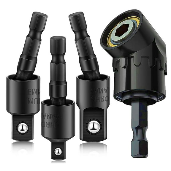 4-in-1 Impact Socket Adapter Set, 360° Rotatable Bit Holder, 1/4-3/8-1/2 inch Sockets, 105° Right Angle Drill Attachment, Black